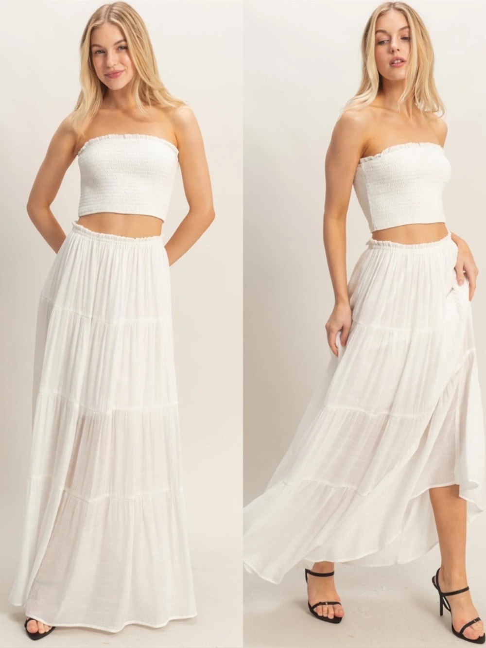 NEW HYFVE White Smocked Tube Top & Tiered Maxi Skirt Set Size Large